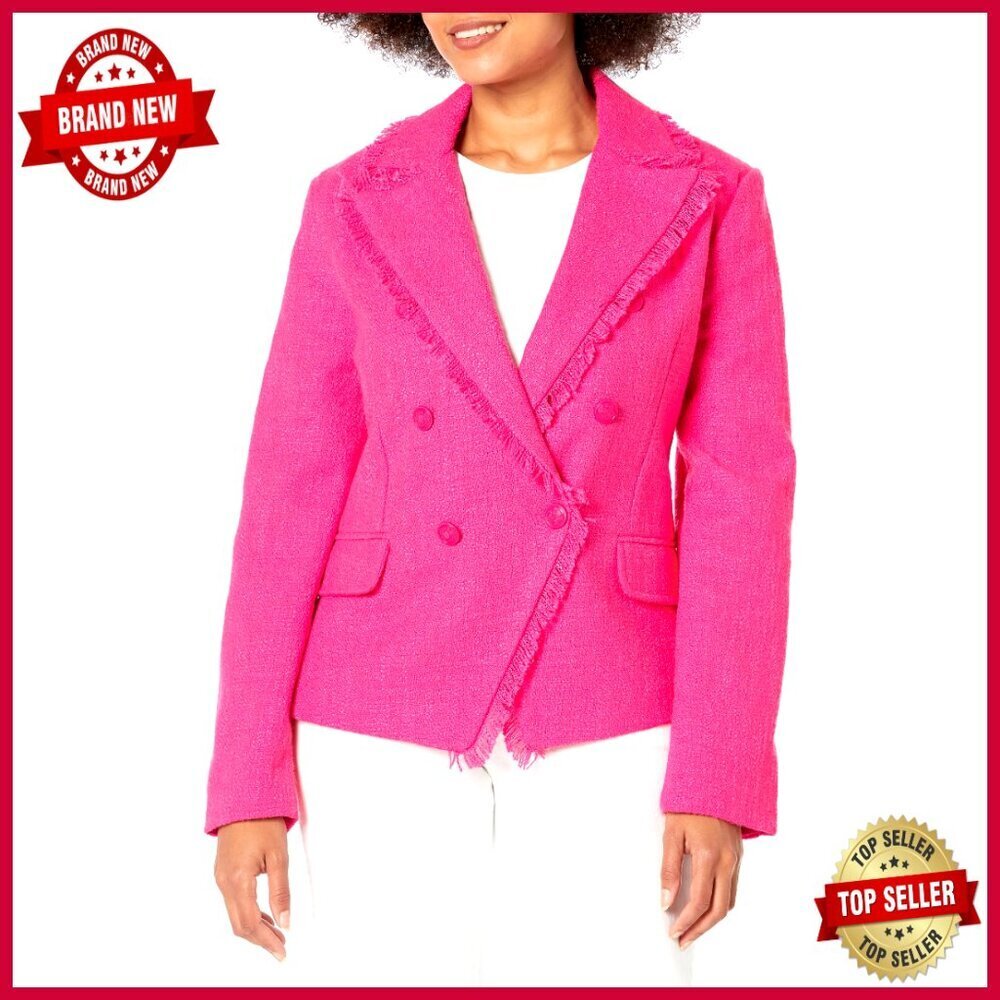 Double-Breasted Tweed Blazer with Fringe Trim, Regular Fit